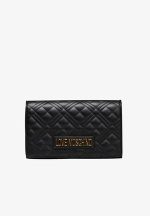 Black quilted faux leather wallet with a gold "LOVE MOSCHINO" logo plate. Features diamond patterns and a sleek rectangular shape.