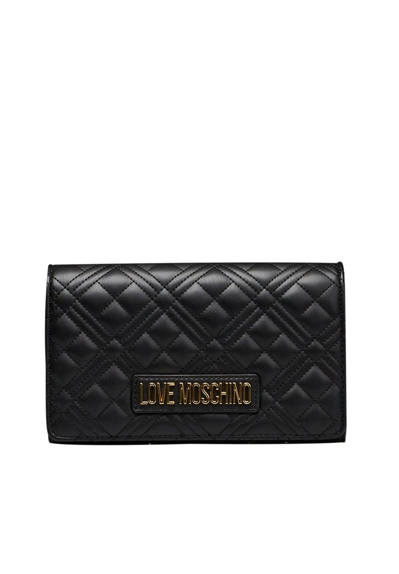 Svart kviltad konstläderplånbok med en guld "LOVE MOSCHINO" logotavla. Har diamantmönster och en stilren rektangulär form.