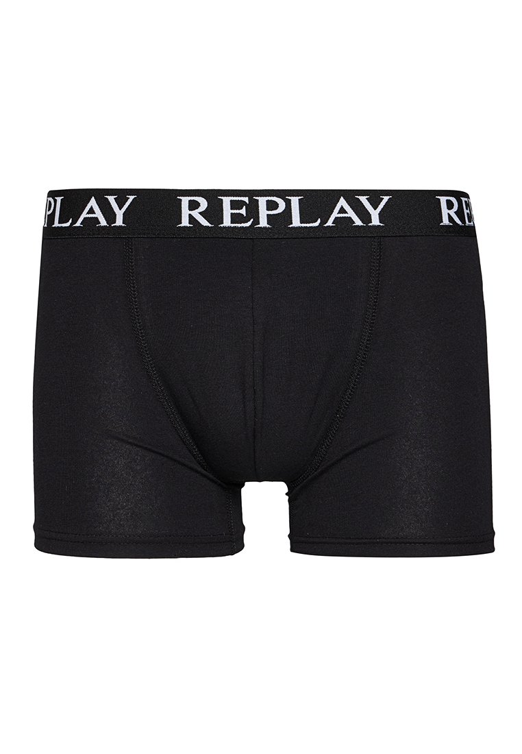 Schwarze Boxershorts aus glattem Stoff mit einem weißen "REPLAY"-Logo am Bund und subtilen Nähten.
