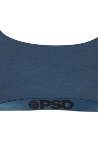 Brassière de sport sans couture bleu marine avec large bande élastique présentant le logo noir "PSD" au centre devant.
