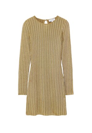 Langærmet kjole i guld og beige striber, med rund halsudskæring og nøglehul-detail bagpå, samt en ribbet tekstur.