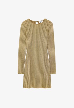 Pitkähihaisessa kultaisessa ja beigen raidallisessa mekossa on pyöreä pääntie ja takana avaus, jossa on ribbikuvio.