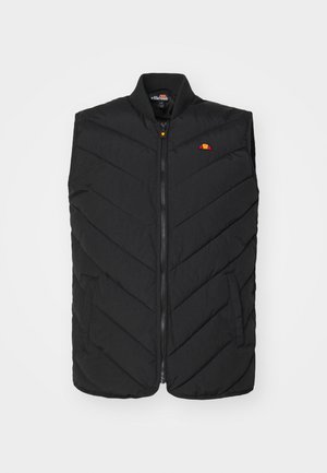 Black padded vest with a zip front, featuring a quilted chevron pattern and a small red and yellow logo on the chest. Two side pockets.