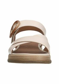 Light pink sandal with two wide straps, an open toe design, a round brown accent buckle, and a textured beige sole.