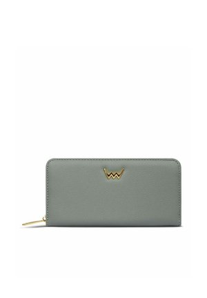 Gray leather wallet with a smooth texture, featuring a gold logo accent and a zipper closure along the side. Rectangular shape, minimalist design.