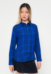 Blauwe geruite overhemd met lange mouwen, voorzien van donkergroene en zwarte lijnen, gladde textuur en blauwe knopen. Gepaard met een donkere rok.