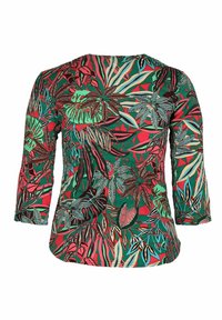 Długi rękaw z dopasowanym krojem, ozdobiony żywym tropikalnym wzorem liści w kolorach czerwonym, zielonym, błękitnym, różowym i beżowym.