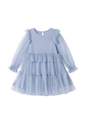 Robe bleu clair à manches longues pour tout-petit, en tissu transparent à pois, avec des volants aux manches et à la jupe, et une fermeture à boutons dans le dos.