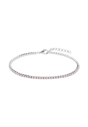 Bracelet en argent orné d'une rangée de cristaux roses, avec un design flexible et un fermoir mousqueton. Comprend une chaîne ajustable pour la longueur.