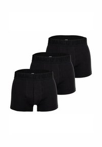 Schwarze Baumwoll-Boxershorts mit einem logoed Bund, die eine enge Passform, eine mittellange Länge und ein Design mit Frontöffnung aufweisen. Set bestehend aus drei Stück.