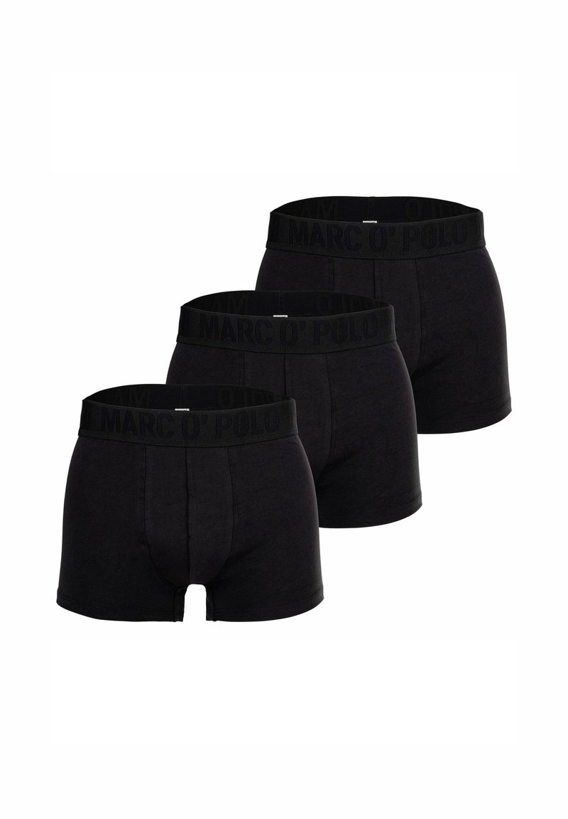 Schwarze Baumwoll-Boxershorts mit einem logoed Bund, die eine enge Passform, eine mittellange Länge und ein Design mit Frontöffnung aufweisen. Set bestehend aus drei Stück.