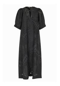 Robe noire à coupe ample, manches courtes bouffantes, décolleté en V, et motifs texturés avec des découpes tout au long.
