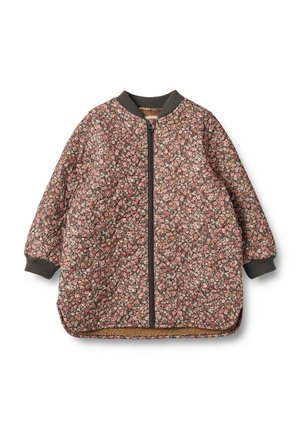 Quilted long-sleeve jacket with pink and brown floral pattern, front zipper, ribbed dark green collar and cuffs, rounded hemline.