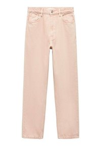 Jean en denim rose clair avec un design à jambe droite, poches avant et fermeture par bouton. Texture douce avec des détails de couture minimalistes.