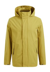 Water-resistant yellow jacket with a high collar, front zipper, two side pockets, and adjustable cuffs. Smooth texture and minimalist design.