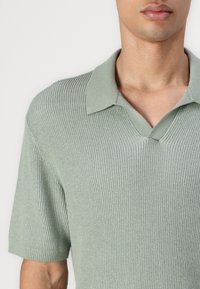 Man som bär en ljusgrön kortärmad stickad polo-tröja med krage och V-formad halsringning mot en vit bakgrund.