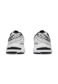 White and navy athletic shoes with a textured mesh upper, cushioned sole, and prominent GEL logo on the heel. Padded collar for comfort.