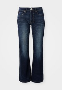 Dark blue denim jeans with a flared leg design, featuring a front button closure, five pockets, and subtle fading.