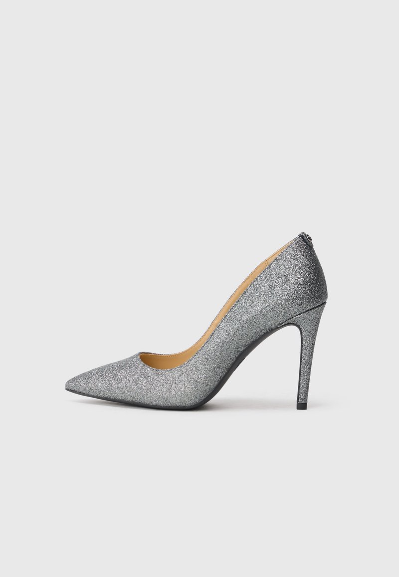 Silver glitter high-heeled pump with a pointed toe and a sleek silhouette, featuring a smooth inner lining and a durable black outsole.