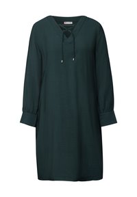 Robe vert foncé, longueur genou, avec un décolleté en V, un détail à nouer et des manches longues avec des poignets boutonnés. Fabriquée dans un tissu texturé et léger.