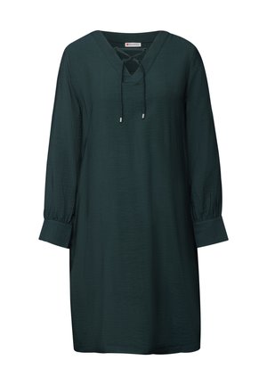 Dunkelgrünes, knielanges Kleid mit V-Ausschnitt, Bindungdetail und langen Ärmeln mit knöpfbaren Manschetten. Hergestellt aus einem strukturierten, leichten Stoff.