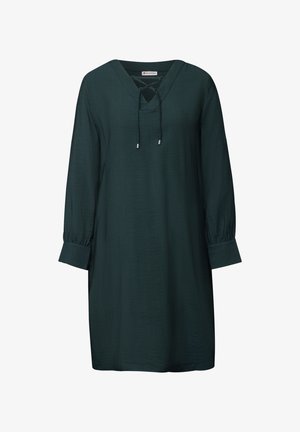 Dunkelgrünes, knielanges Kleid mit V-Ausschnitt, Bindungdetail und langen Ärmeln mit knöpfbaren Manschetten. Hergestellt aus einem strukturierten, leichten Stoff.