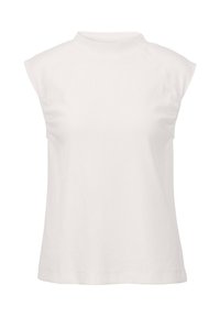 Weißes ärmelloses Oberteil mit hohem Kragen, aus geripptem Stoff. Verfügt über Schulternähte und eine lockere Passform. Keine sichtbaren Muster oder Akzente.