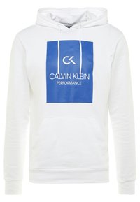 Sweat à capuche blanc avec un grand graphisme bleu portant l'inscription "CALVIN KLEIN PERFORMANCE" en blanc. Comprend une poche avant et des cordons de serrage ajustables.