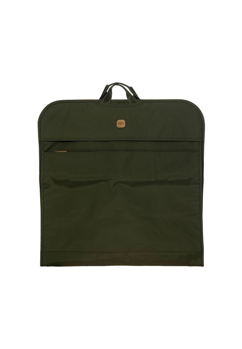 Funda de ropa de color verde oscuro hecha de tela duradera con bordes redondeados. Cuenta con asas en la parte superior y un bolsillo con cremallera en la parte frontal para almacenamiento.