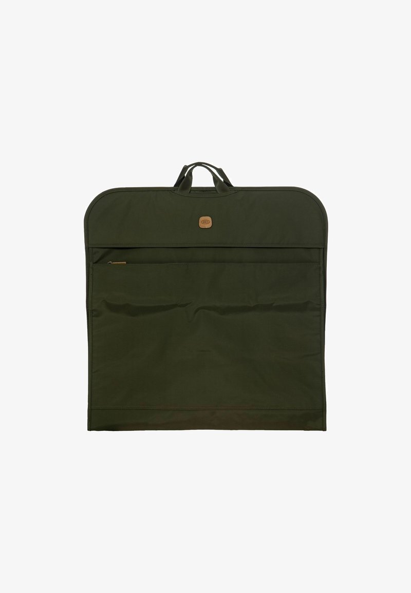 Funda de ropa de color verde oscuro hecha de tela duradera con bordes redondeados. Cuenta con asas en la parte superior y un bolsillo con cremallera en la parte frontal para almacenamiento.