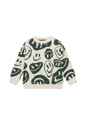 Crèmewitte sweater met lange mouwen en grote donker groene abstracte smiley patronen over het hele oppervlak, met geribde boorden en zoom.