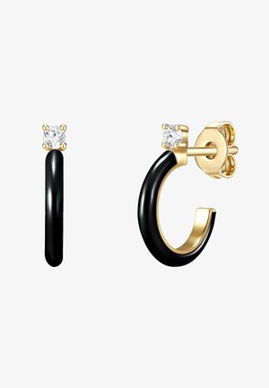 Arany és fekete fülbevalók elegáns, ívelt formával. Kör alakú, tiszta kő díszítéssel rendelkeznek, kifinomult felülettel. Két különböző stílus tartozik hozzá.