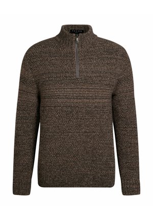 Bruine gebreide trui met een halve ritssluiting aan de kraag, voorzien van gestructureerde stof, geribde manchetten en een patroon van horizontale strepen. Ontworpen voor comfort.