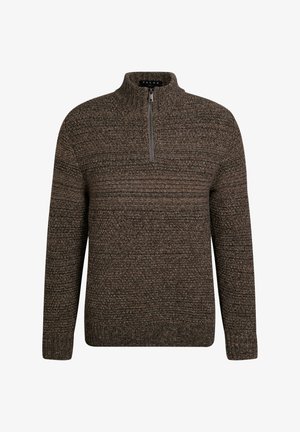 Brauner Strickpullover mit einem halben Reißverschluss am Kragen, ausgestattet mit strukturiertem Stoff, gerippten Bündchen und einem Muster aus horizontalen Streifen. Für Komfort entworfen.