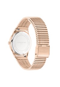 Roségoldene Edelstahl-Uhr mit einem Mesh-Armband, runder Gehäuseform und polierter Rückseite. Zu den Markierungen gehören der Markenname und Angaben zur Wasserfestigkeit.
