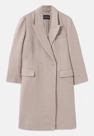 Beige double-breasted wool coat with notch lapels, two front flap pockets, a chest welt pocket, and long sleeves.