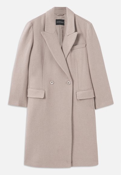 Beige double-breasted wool coat with notch lapels, two front flap pockets, a chest welt pocket, and long sleeves.