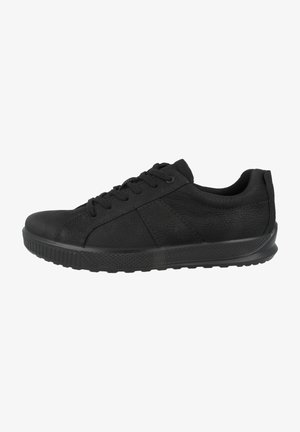 Black athletic shoes with a textured leather upper, round toe, padded collar, and rubber sole featuring a tread pattern for grip.