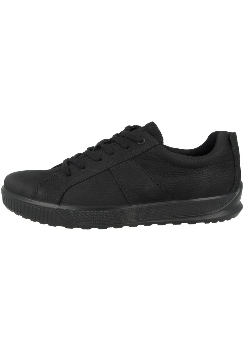 Schwarze Sportschuhe mit einem Obermaterial aus strukturiertem Leder, runder Zehenpartie, gepolstertem Kragen und gummierter Sohle mit einem Profilmuster für besseren Halt.
