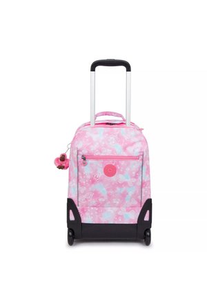 Valigia rosa con ruote, con motivi floreali, dettagli neri, fondo in gomma, due ruote nere e manico estensibile argentato.