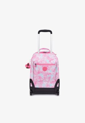 Valise à roulettes rose avec motifs floraux, accents noirs, fond en caoutchouc, deux roues noires et une poignée extensible en métal argenté.