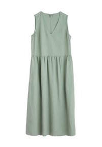 Robe midi sans manches de couleur vert clair avec décolleté en V et taille froncée, fabriquée en tissu léger.