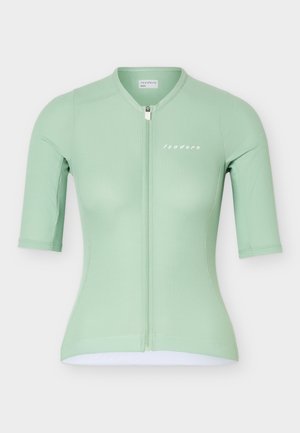 Cykeltrøje med korte ærmer i mintgrøn med fuld lynlås foran og hvidt "Isadore"-logo på venstre bryst.