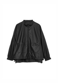 Giacca leggera nera realizzata in materiale morbido, con colletto alto, chiusura con zip, due tasche frontali e polsini elasticizzati.