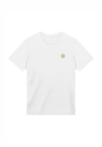 Weißes Baumwoll-T-Shirt mit kurzen Ärmeln, Rundhalsausschnitt und einem kleinen beigen Smiley-Gesicht-Logo auf der oberen linken Brust.