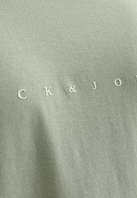 Lys grøn T-shirt lavet af blødt stof, med præget tekst "CK & JOY" i hvide bogstaver på forsiden, minimalistisk design.