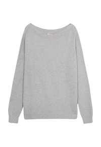 Un pull gris clair avec un col épaule dénudée, des manches longues, des poignets côtelés et un tissu tricoté doux et texturé.