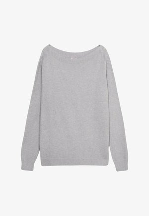 Hellgrauer Pullover mit einem schulterfreien Ausschnitt, langen Ärmeln, gerippten Bündchen und einem weichen, strukturierten Strickstoff.