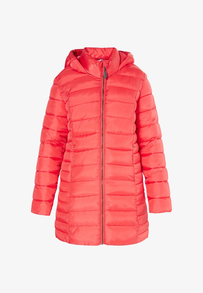 Jachetă puf red cu glugă, cu un design matlasat, fermoar complet și mâneci lungi. Ușoară, cu o textură netedă și colorată intens.