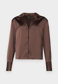Brown satin long-sleeve blouse with a pointed collar, front button closure, and structured cuffs, featuring a smooth, glossy texture.